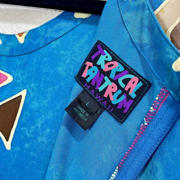 Vintage 90s Blue Tropical Tantrum Rayon Babydoll Mini Dress Large - Picture 7 of 8